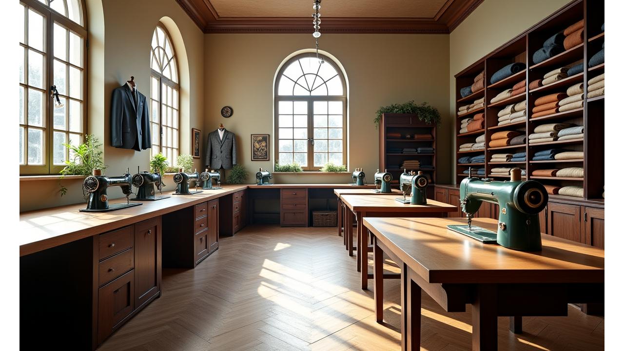 Bright, organized interior of Loom & Leaf bespoke atelier with natural light, sewing machines, and fabric rolls.
