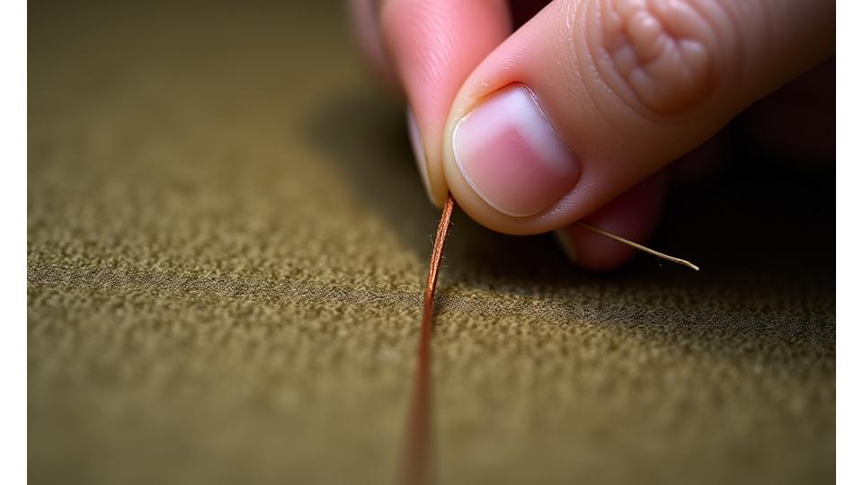 Close-up of hands working with a luxurious, sustainably sourced fabric, showing fine stitching detail.