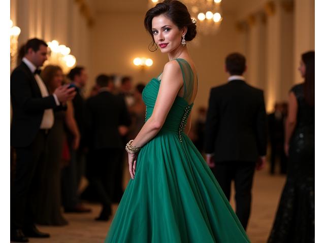 Woman in a dramatic emerald green bespoke evening gown at a grand gala.