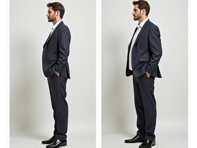 A before and after comparison showing a client's posture and confidence transformed by a bespoke fit.