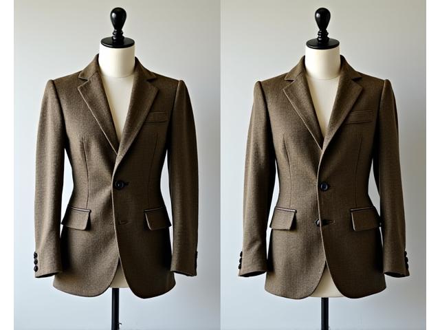A before and after side-by-side image: on the left, an old, oversized tweed jacket; on the right, the same jacket transformed into a stylish, fitted blazer with modern detailing.