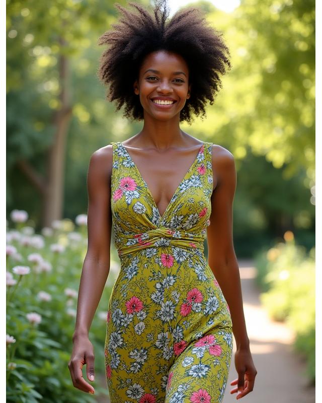 A client in a vibrant custom-tailored summer dress enjoying a garden party.