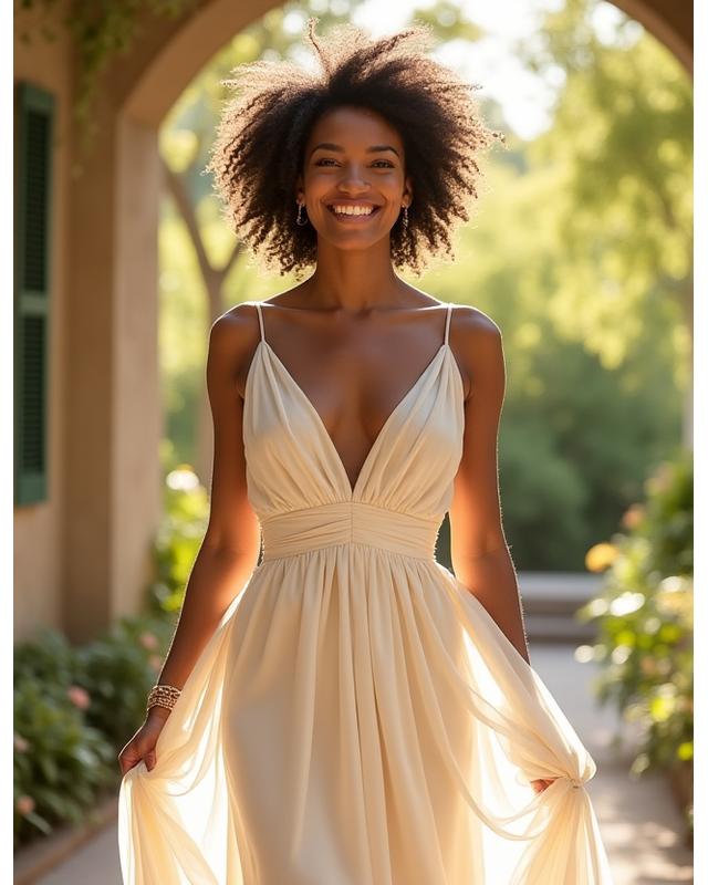 A bride in a custom-designed ethical silk wedding gown, celebrating.