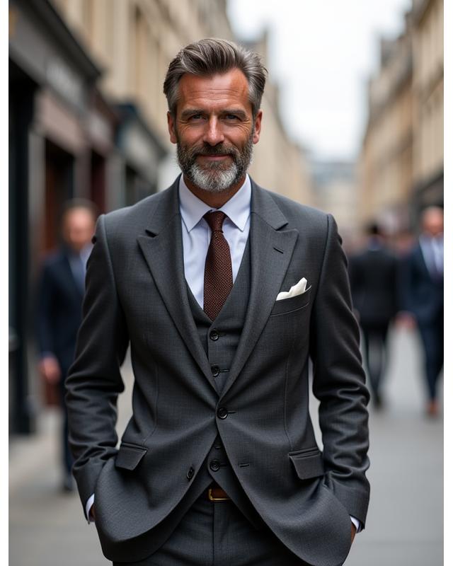 A client posing confidently in a bespoke charcoal grey suit at a London landmark.