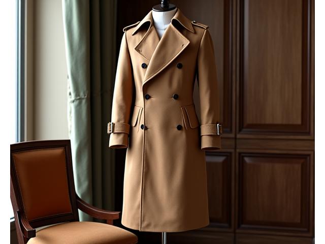 A bespoke camel-colored trench coat draped over a chair.