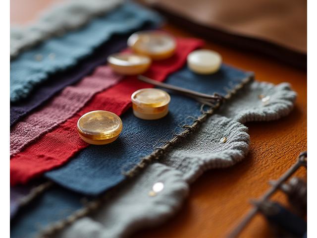 Close-up view of various bespoke buttons, lining swatches, and thread colors.