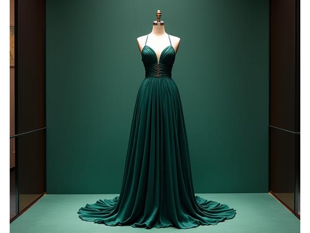 An elegant custom-designed evening gown on a model.