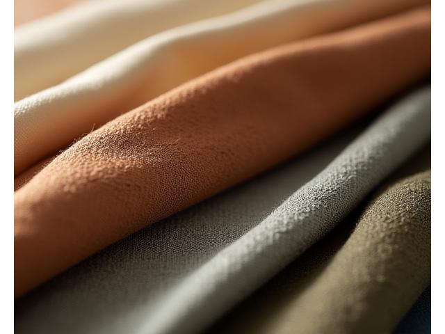 Close-up of various swatches of luxury wool, silk, and sustainable fabrics.