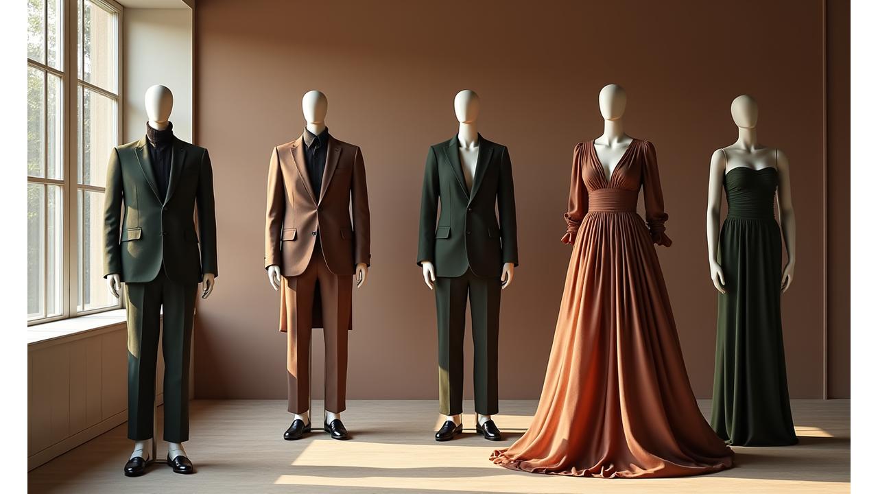 Collection of perfectly tailored bespoke garments on display, showcasing intricate details and various styles.