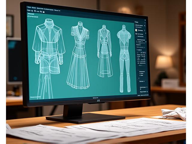 Screen displaying advanced 3D pattern-making software with complex garment designs.