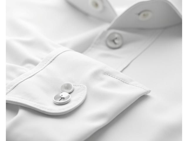 A crisp white custom dress shirt with intricate collar details.