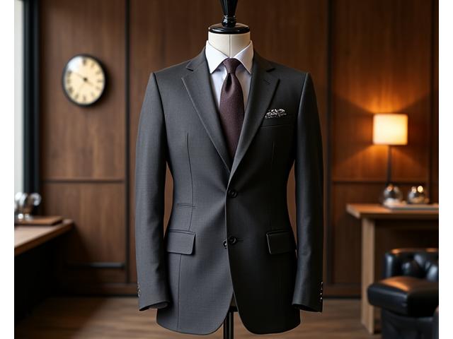 A perfectly tailored dark grey bespoke suit on a mannequin.