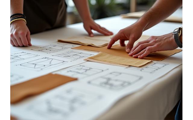 Close-up of a designer sketching and collaborating with pattern drafts and fabric swatches