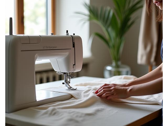 Artisan working on a garment in a bright, modern ethical manufacturing atelier in London