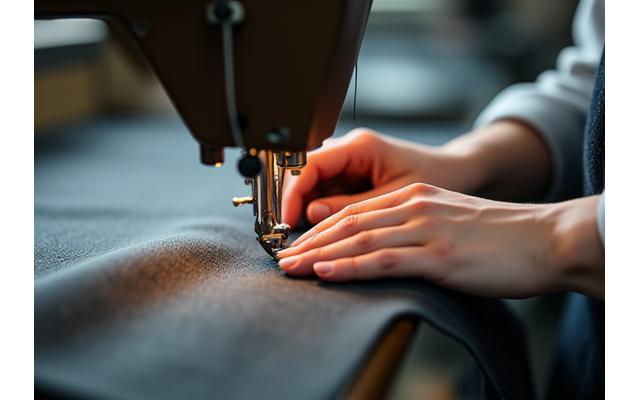 Detailed shot of skilled hands operating a sewing machine on a fine fabric