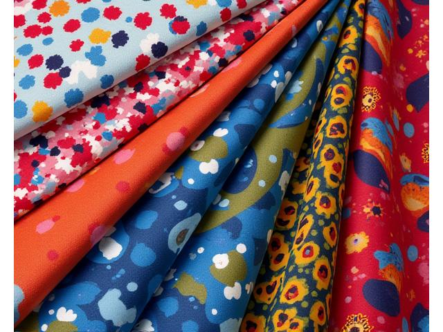 Swatches of unique, vibrantly patterned fabrics, showing a limited edition collection with artistic and modern designs.