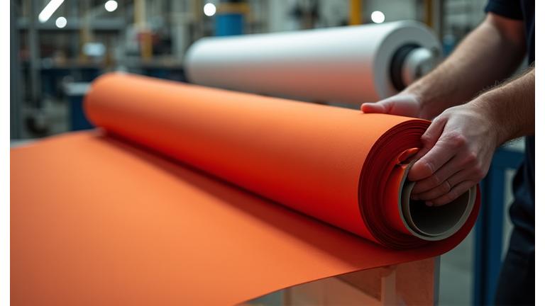 Rolls of freshly produced custom fabric on a clean factory floor, with a hand inspecting the quality.