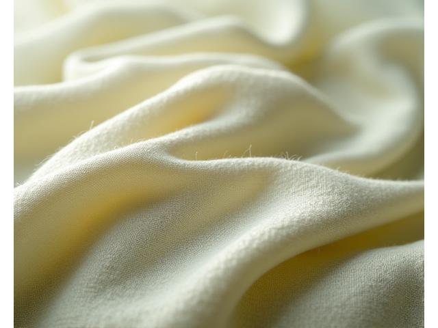 Textured close-up of sustainable fabric, possibly organic cotton or a recycled blend, with visible natural fibers and a soft, earthy tone.