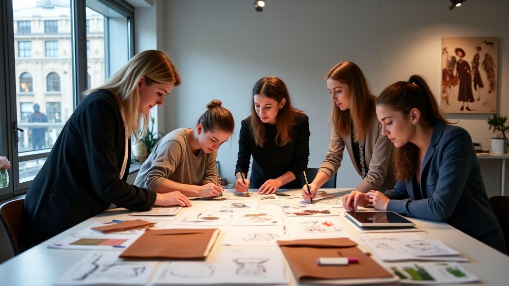 A designer team collaborating around a table filled with fabric swatches, mood boards, and digital design tablets, symbolizing fashion brand development and innovation.