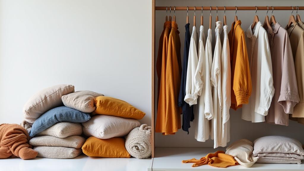 A split image showing a 'before' side with a dishevelled clothing pile and a 'after' side with a neatly organized, stylish, and sustainable capsule wardrobe, implying transformation and success.