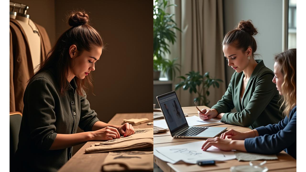 Two diverse individuals, one engaged in a meticulous fabric selection with a tailor, the other a fashion brand consultant reviewing sketches with a client, symbolizing both personal and brand fashion consultancy services.