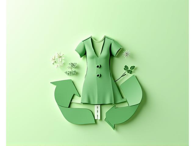 A visual representation of interconnected sustainable fashion elements: a leafy garment, a recycling symbol, and gears, illustrating circularity and efficiency. Clean graphic style.
