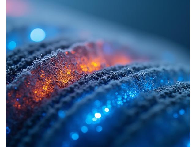 Close-up of a textile square reacting to heat, showing microscopic fibers changing shape, with subtle heat wave effects.