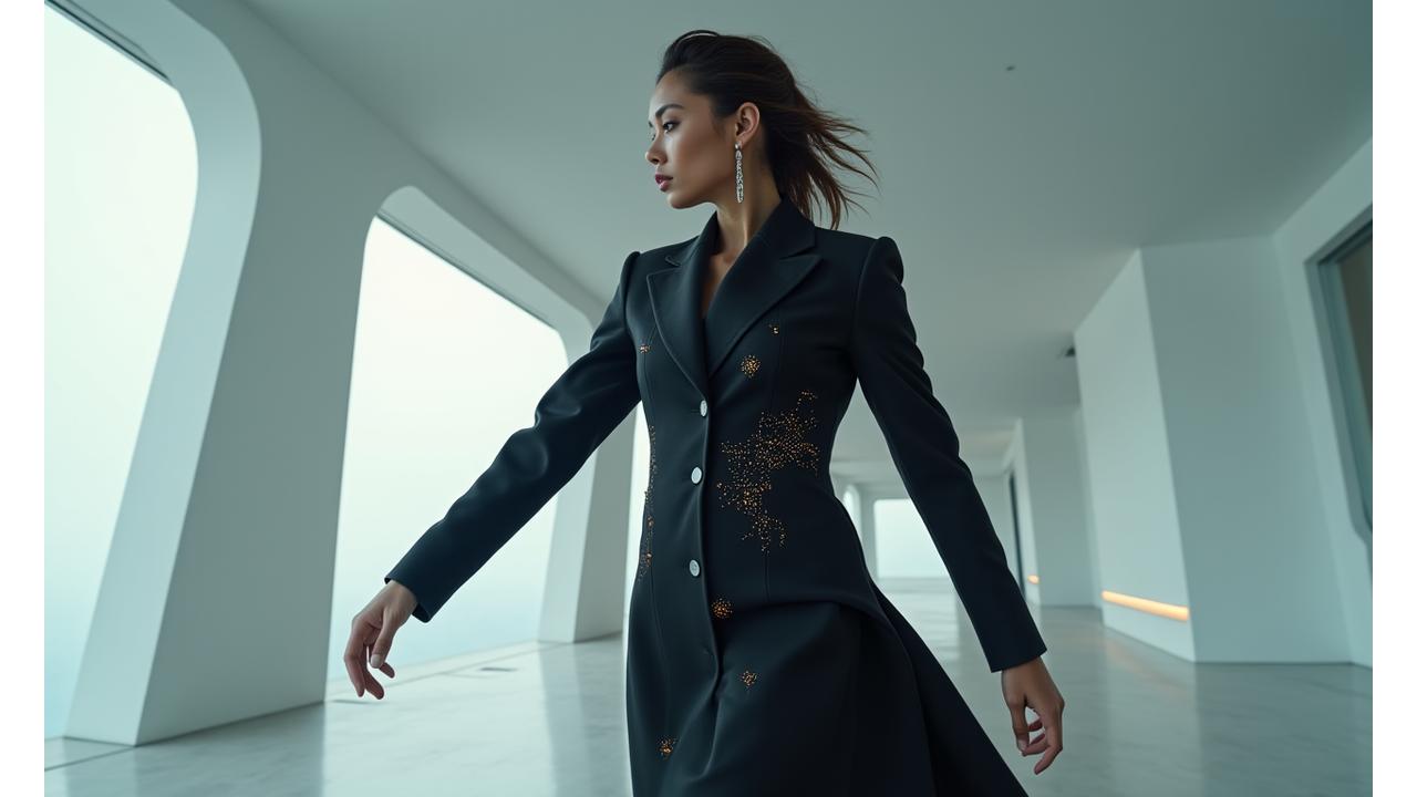 Model wearing sleek, modern apparel with subtle integrated glowing tech patterns, demonstrating moisture-wicking and temperature control effects in a futuristic setting.