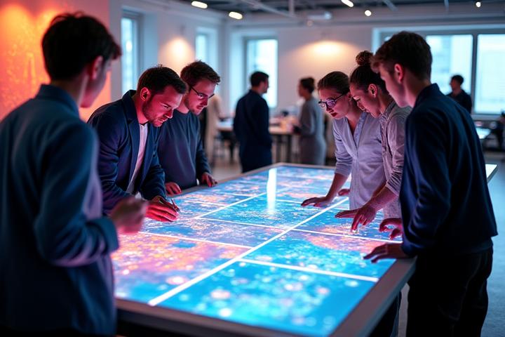 Diverse group of designers, engineers, and textile scientists collaborating in a modern R&D lab, reviewing fabric samples and digital schematics.