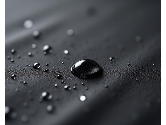 Water droplet beading on a dark, tightly woven fabric surface, demonstrating hydrophobic properties.