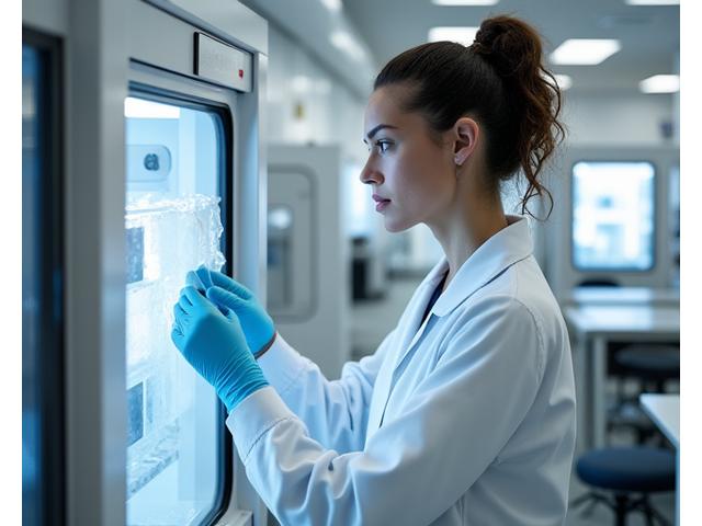 Scientist in a modern textile lab conducting a tensile strength test on a fabric sample, with high-tech machinery and data screens in the background.
