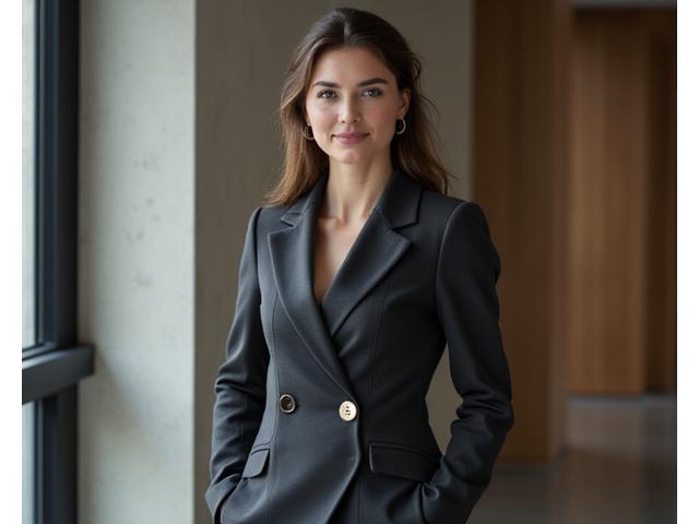 Professionally dressed individual in a sleek, wrinkle-resistant suit jacket, in a modern office, exuding confidence.