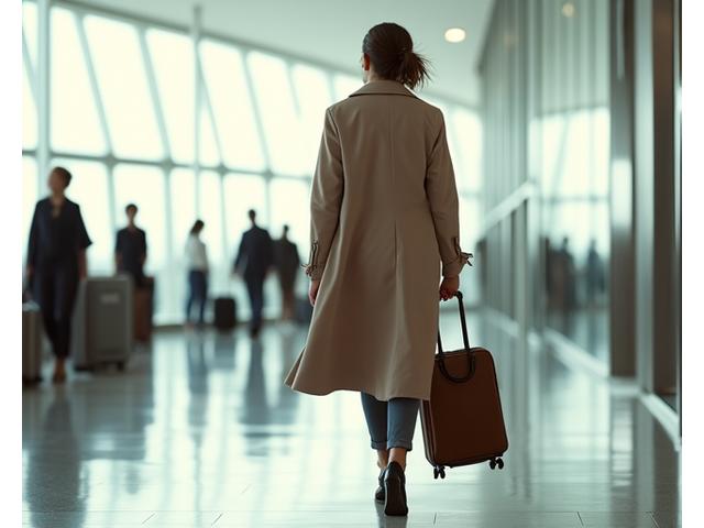 Chic traveler effortlessly pulling a small suitcase through a bustling airport, wearing quick-dry, wrinkle-free, and stain-resistant attire.