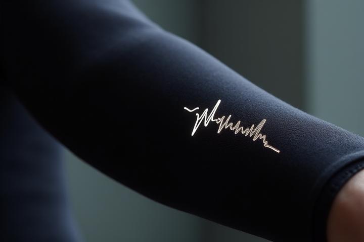 Close-up of a wrist wearing a sleek, textile-integrated device tracking heart rate on a minimalist screen, with background showing blurred athletic activity.