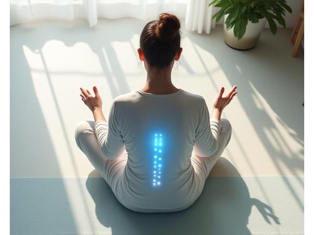 Person meditating calmly, wearing soft, comfortable clothing that subtly glows with bio-feedback lines, suggesting health monitoring.